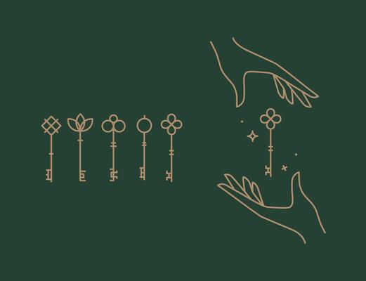 Key collection composition with hands drawing in linear style on green background