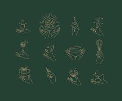 Hands with elements nail polish, pizza, pen, ink, feather, dandelion, crystal, bowl, dishes, whisk, box, pencil, seashell, envelope drawing in linear style on green background vector