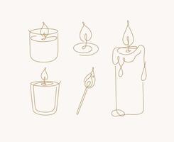 Candles glass, classic, jar, spiral, match set drawing in linear style on beige background vector