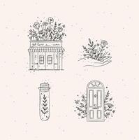 Hand drawn store, hand, test tube, door icons drawing in floral style on light background vector