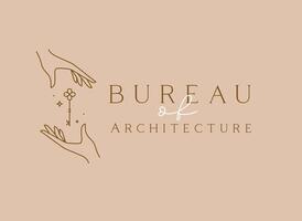 Hand with key and lettering bureau of architecture drawing in linear style on beige background vector