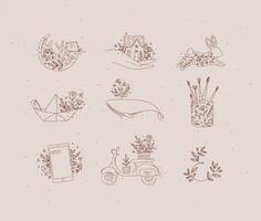 Floral elements house, cat, rabbit, origami boat, whale, glass with brushes, smartphone, scooter drawing in hand-drawing style with brown on beige background vector