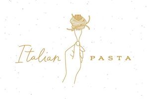 Hand holding fork with spaghetti lettering italian pasta drawing in linear style on beige background vector