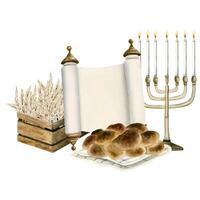 Watercolor Shavuot greeting card template with wooden box of wheat harvest, Torah scroll, challah and menorah vector