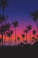 Silhouetted coconut palm trees at the beach with dramatic sky vertical background illustration. Summer traveling and party at the beach concept flat design with blank space. vector