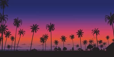 Silhouetted coconut palm trees at the beach with dramatic sky rectangle background illustration. Summer traveling and party at the beach concept flat design with blank space. vector