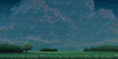 Raining in countryside rice fields landscape flat design graphic illustration have blank space. vector