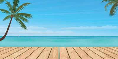 Wooden pier with tropical blue sea background template illustration have blank space for advertisement or products presentation. vector