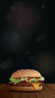 Homemade cheeseburger side view on wooden table have blurred night life vertical background with bokeh effect illustration have blank space for advertisement. vector