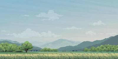 campo arroz campos paisaje con pequeño pueblo y montaña rango plano diseño gráfico ilustración tener blanco espacio. vector