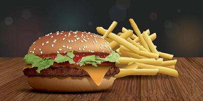 Homemade cheeseburger side view and french fries on wooden table have blurred night life background with bokeh effect illustration have blank space for advertisement. vector