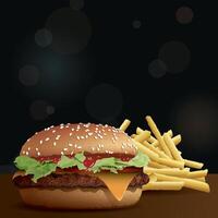 Homemade cheeseburger side view and french fries on wooden table have blurred night life square background with bokeh effect illustration have blank space for advertisement. vector