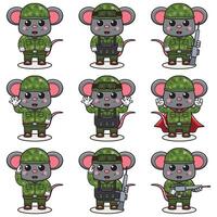 Cute Mouse soldier in camouflage uniform. Cartoon funny Mouse soldier character with helmet and green uniform in different positions. Funny Animal illustration Set. vector