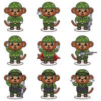 Cute Monkey soldier in camouflage uniform. Cartoon funny Monkey soldier character with helmet and green uniform in different positions. Funny Animal illustration Set. vector