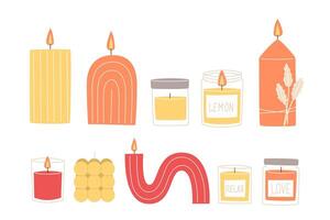 acogedor colección de perfumado velas en plano estilo vector