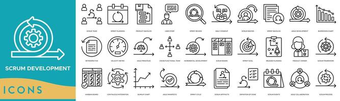 Scrum Development icon set. Scrum Team, Sprint Planning, Product Backlog, User Story, Sprint Review, Daily Standup, Scrum Master, Sprint Backlog, Agile Development, Burndown Chart vector