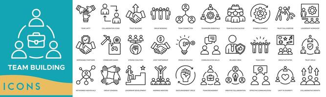 Team Building icon set. Team Unity, Collaboration, Trust Building, Group Bonding, Team Connection, Teamwork Essentials, Team Building Blocks, Synergy Symbols, Trust Fall Exercise, Leadership Workshop vector