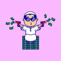 Cute Rich Moslem Boy Sitting On Money Holding Toy Gun Cartoon Icons Illustration. Flat Cartoon Concept. Suitable for any creative project. vector