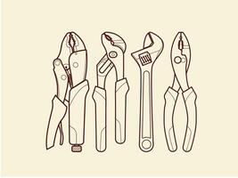 adjustable pliers set line art illustration vector