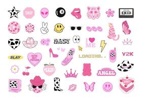 Y2K 2000s aesthetic pink stickers set vector