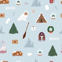 Winter Christmas magic seamless pattern with owl, scarf, wooden house, castle vector