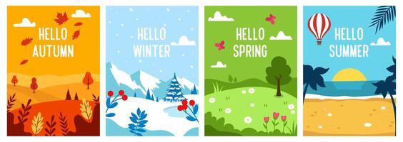 four seasons banners with the words hello, summer, winter and spring vector