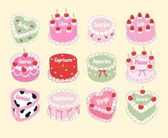 a set of different cakes with 12 zodiac names vector