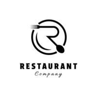 restaurante logo diseño letra r con cuchara, tenedor y plato diseño concepto vector