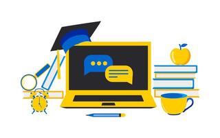 Online education concept. Laptop, alarm clock and books in yellow blue color. vector