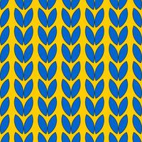 Geometric symmetrical seamless pattern with blue ears of wheat or rice on a yellow background. vector