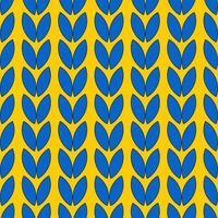 Geometric symmetrical seamless pattern with blue ears of wheat or rice on a yellow background. vector