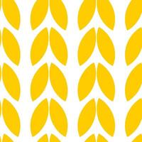 Geometric symmetrical seamless pattern with yellow vertical spikelets of wheat, branches with leaves on a white background. vector
