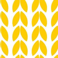 Geometric symmetrical seamless pattern with yellow vertical spikelets of wheat, branches with leaves on a white background. vector