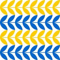 Geometric symmetrical seamless pattern with blue and yellow ears of wheat or rice on a white background. vector