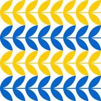 Geometric symmetrical seamless pattern with blue and yellow ears of wheat or rice on a white background. vector