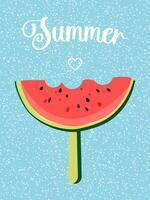 Watermelon flavored ice cream. Summer vibes. Popsicle on a stick on a blue background. vector
