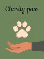 Paw of a cat or dog on a green vertical banner. Pet care. Charity paw. Symbol of helping animals in shelters and veterinary clinics. vector