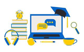 Online education concept. Laptop, alarm clock and books in yellow blue color. vector