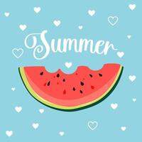 A juicy piece of red watermelon on a blue background with white hearts and the phrase Summer. Summer vibes. vector