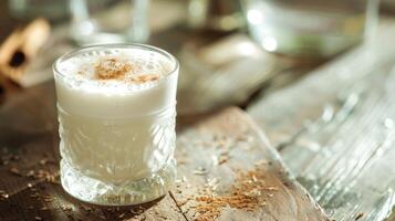 Glass of Milk on Wooden Table photo