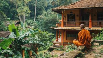 A Buddhist monk is seated on the roof of a house nestled in the lush jungle environment, overlooking the surrounding greenery. photo