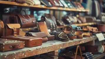 Various leather items such as bags, belts, and wallets are neatly organized and displayed in a shop setting. photo