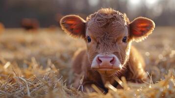 Baby Cow Resting in Dry Grass Field photo