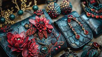 A variety of handbags and jewelry items displayed neatly on a table. photo