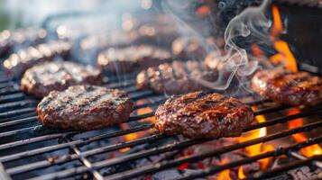 Juicy burgers grilling on a hot grill with smoke rising from them in the air, creating a mouthwatering aroma. photo