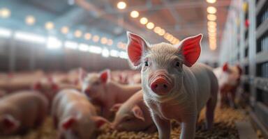 Group of Pigs in Pen With Background Lights photo