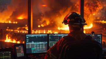 A firefighter overlooks a raging fire from a command center, surrounded by screens displaying vital data. photo