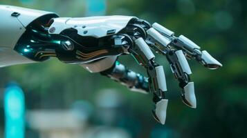 A robotic hand gripping an object in its palm, showcasing advanced technology and precision engineering. photo