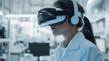 Woman Experiencing Virtual Reality in a Modern Lab Setting photo