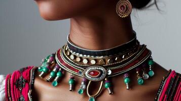 Traditional Jewelry Adorning Womans Neck in Close-Up photo